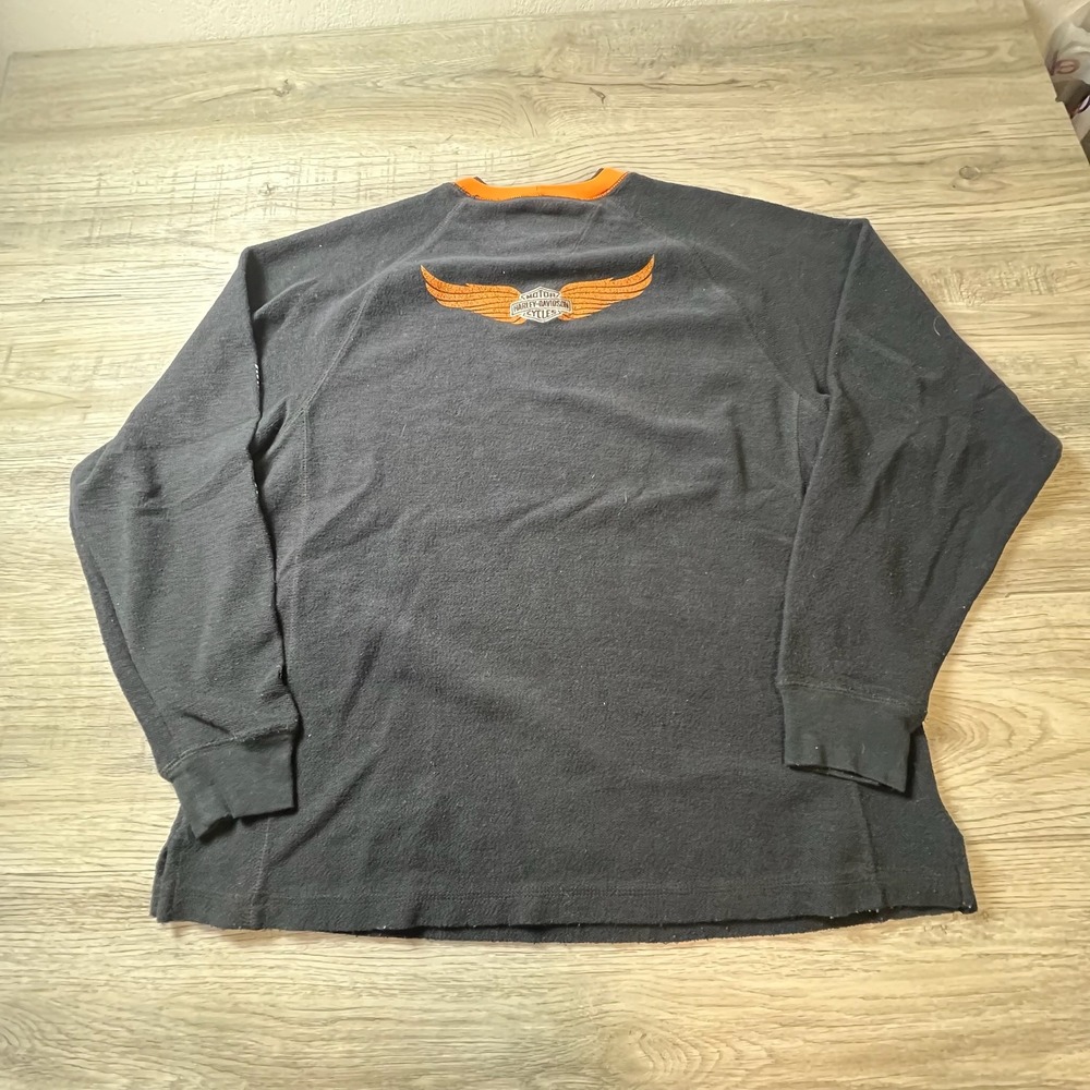 Harley-Davidson Shirt Mens Medium Black Orange Graphic Long Sleeve Distressed